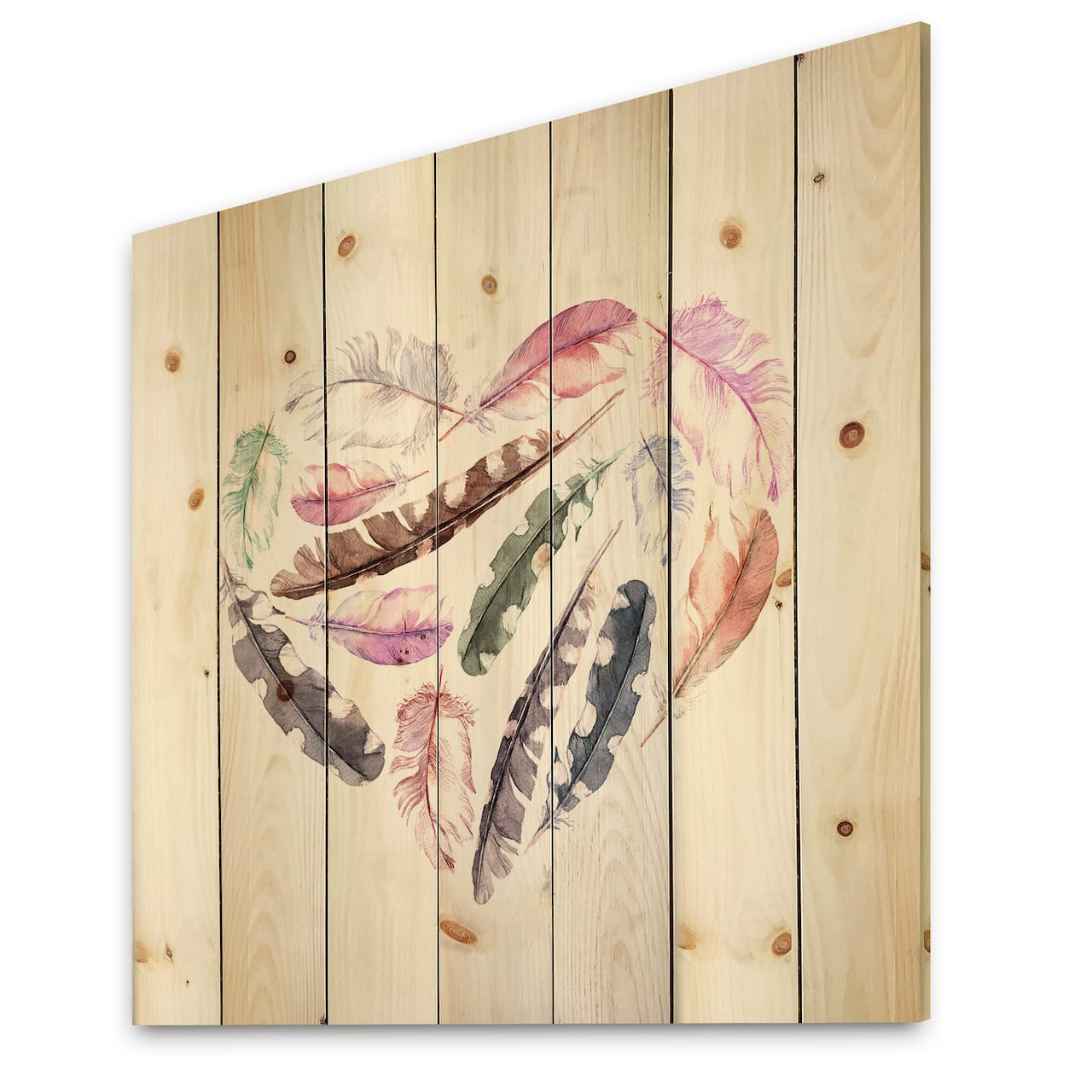 Designart - Retro Heart With Pink Bird Feathers - Bohemian & Eclectic Print on Natural Pine Wood